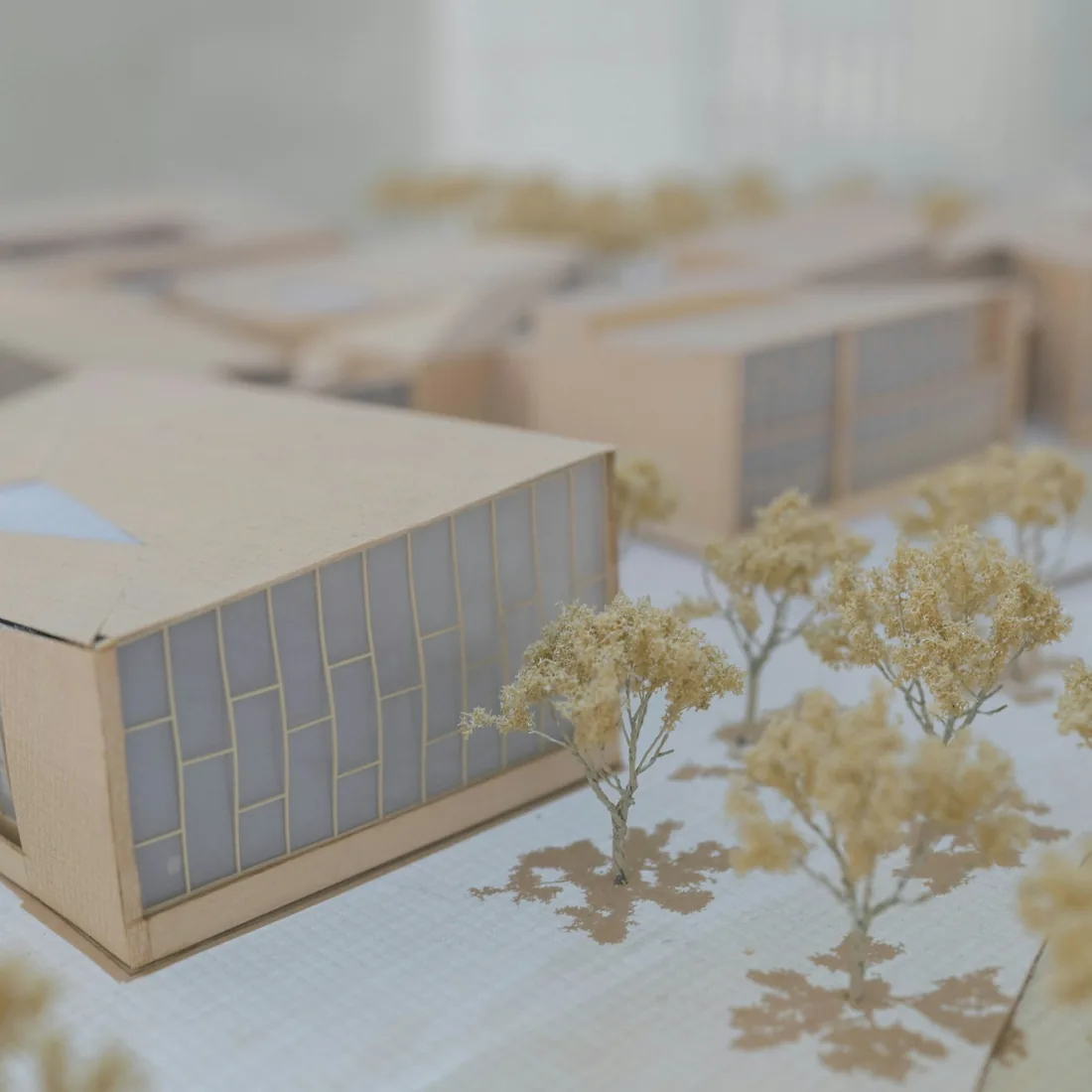 Maqueta de cartón de un conjunto de edificios con árboles de follaje seco sobre una base clara